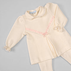 Vestido e Calça para Bebê - Tricotil - Aurora - Bege e Rosa