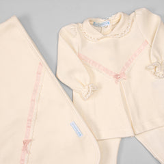 Vestido, Calça e Manta para Bebê - Tricotil - Aurora - Bege e Rosa