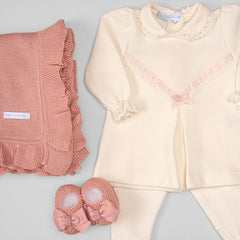 Vestido e Calça para Bebê - Tricotil - Aurora - Bege e Rosa