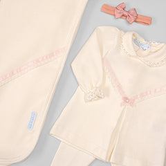 Vestido, Calça e Manta para Bebê - Tricotil - Aurora - Bege e Rosa