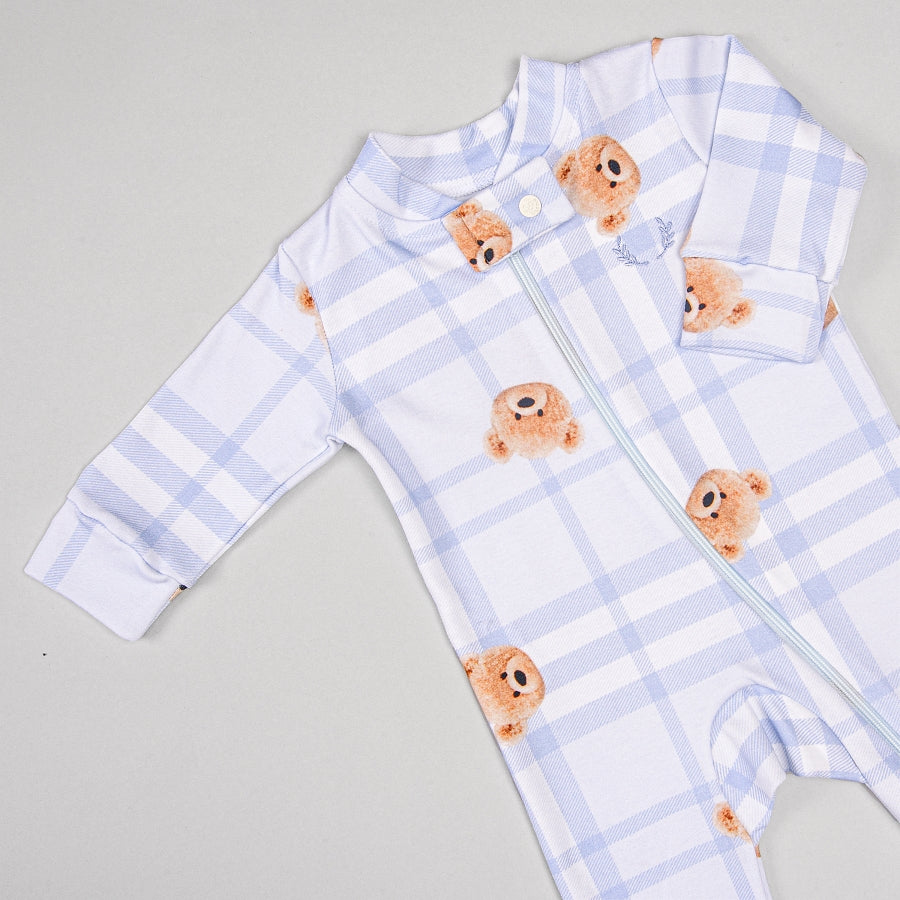 Macacão Zíper - Algodão Egípcio - Urso Xadrez Blue