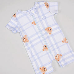 Macacão Zíper - Curto - Algodão Egípcio - Urso Xadrez Blue