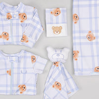 Macacão Zíper - Curto - Algodão Egípcio - Urso Xadrez Blue
