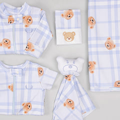 Macacão Zíper - Curto - Algodão Egípcio - Urso Xadrez Blue
