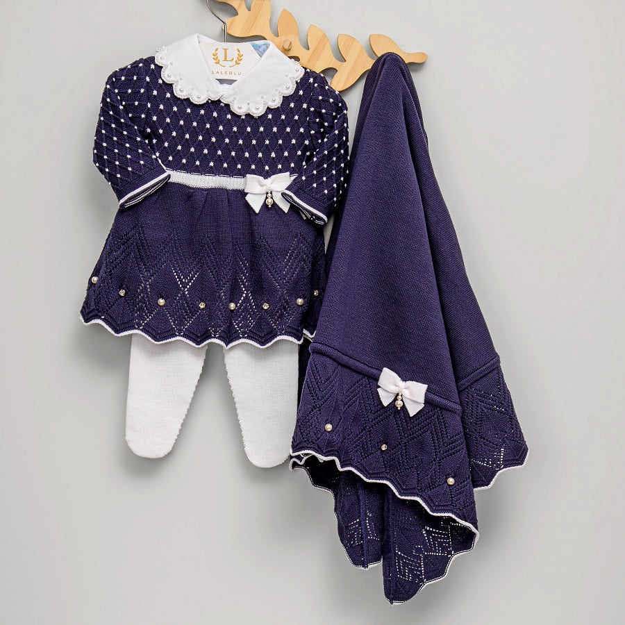 Vestido, Calça e Manta - Casinha - Naval e Branco com Pérolas e Cristais Swarovski